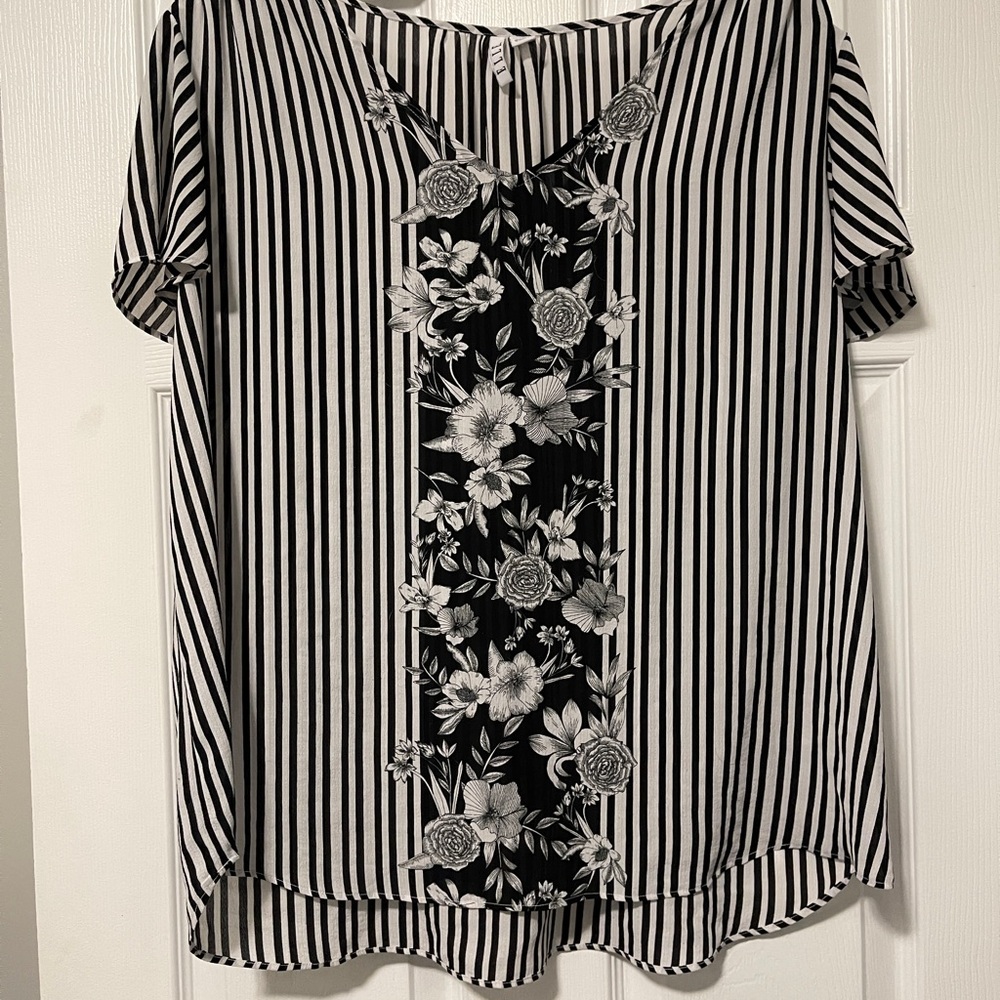 Black and White Striped Floral Women's Top